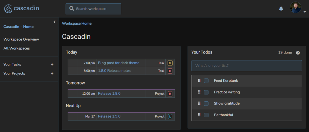 Screenshot of a user's Workspace Home using the Dark Theme.