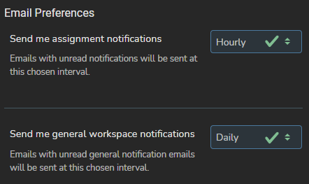 Screenshot of a user's Account Preferense settings showing the email interval options.