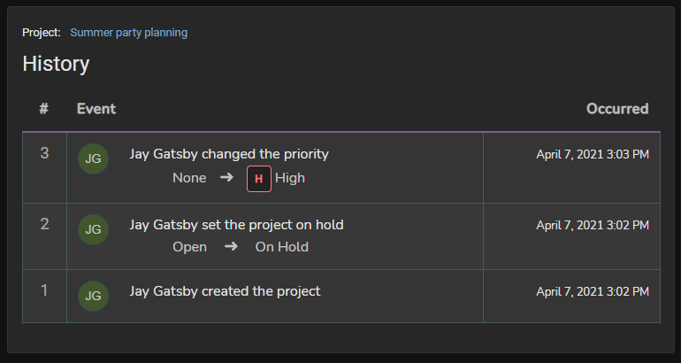 Screenshot of a Project's history logs.