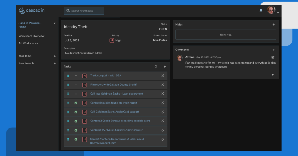 Screenshot of Cascadin project "Identity Theft" with list of tasks, some completed. 