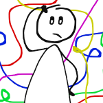 Drawing of a confused stick figure with lots of lines swirling about