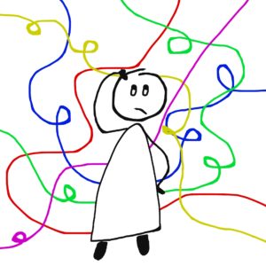 Stick figure human with a concerned expression, lots of colored lines swirling behind.