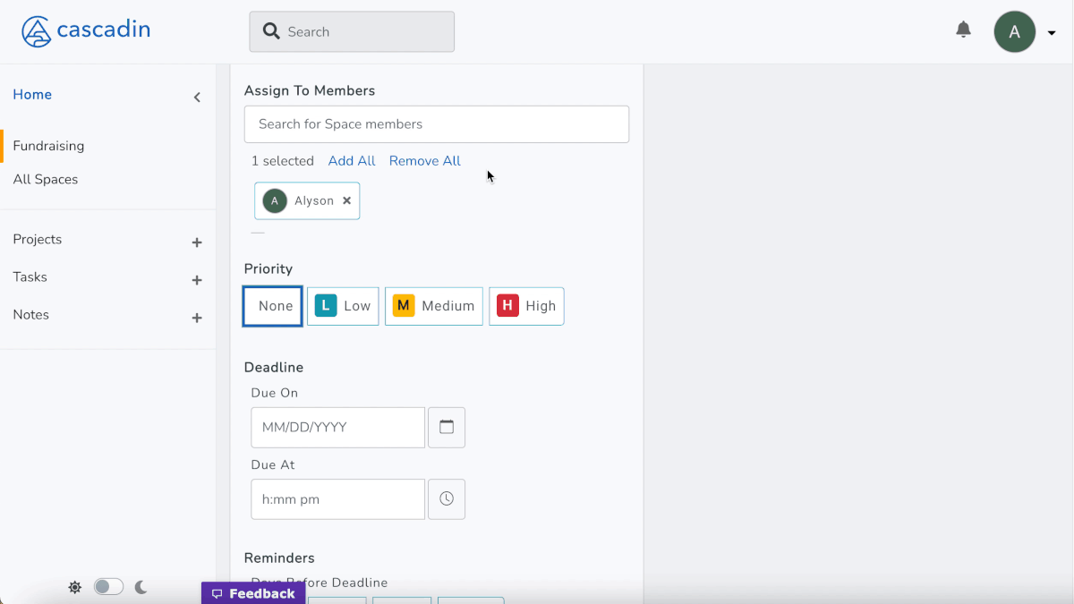 Animation showing how to assign team members to a Task.